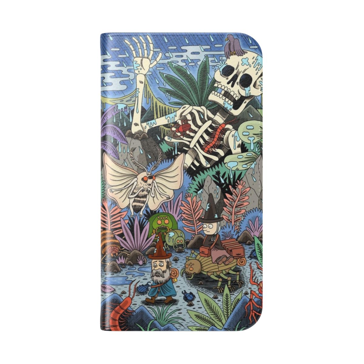 Fantastical flip cover phone case featuring a magical journey design with fantasy elements like insects, skeletons, and nature motifs. - Folded Back