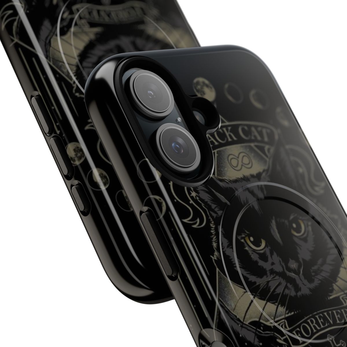 Black cat themed phone case with occult and witchy design elements - Detail