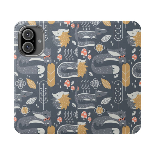 A forest-themed flip cover phone case featuring a repeating pattern of leaves, mushrooms, woodland animals, and bow ties.