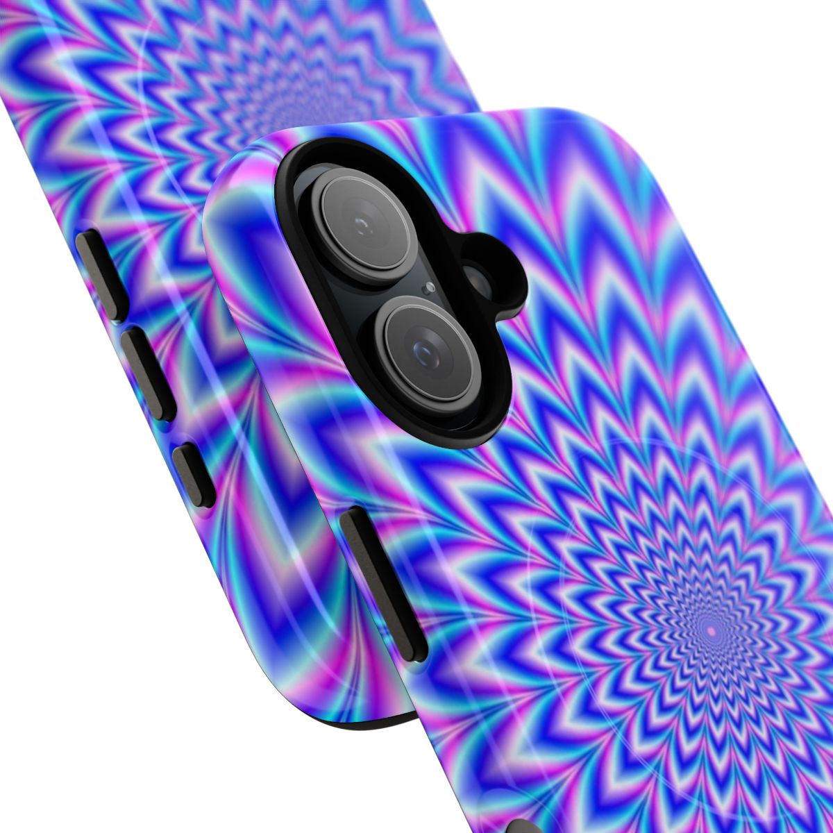 Psychedelic phone case with a vibrant blue and pink abstract pattern creating a mind-bending optical illusion. - Detail