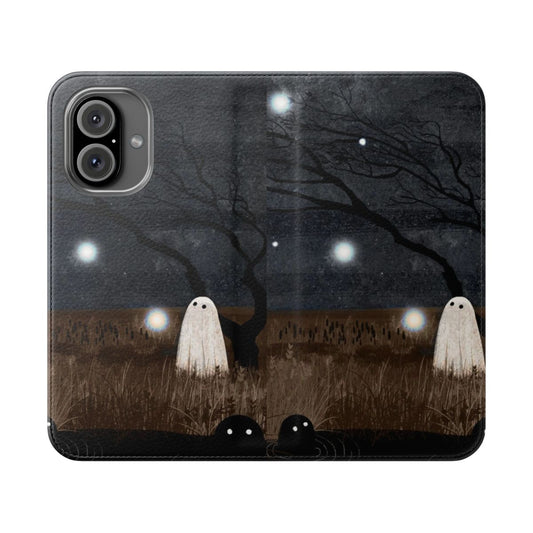 A phone case featuring a ghostly, mystical design with willow wisps and a crescent moon.