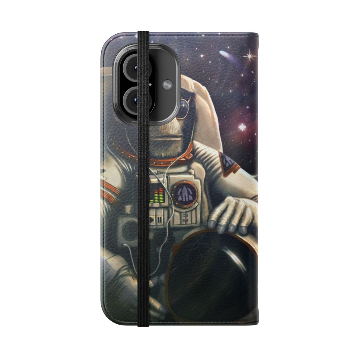 Flip cover phone case with a space-themed design featuring an astronaut monkey - Folded Front