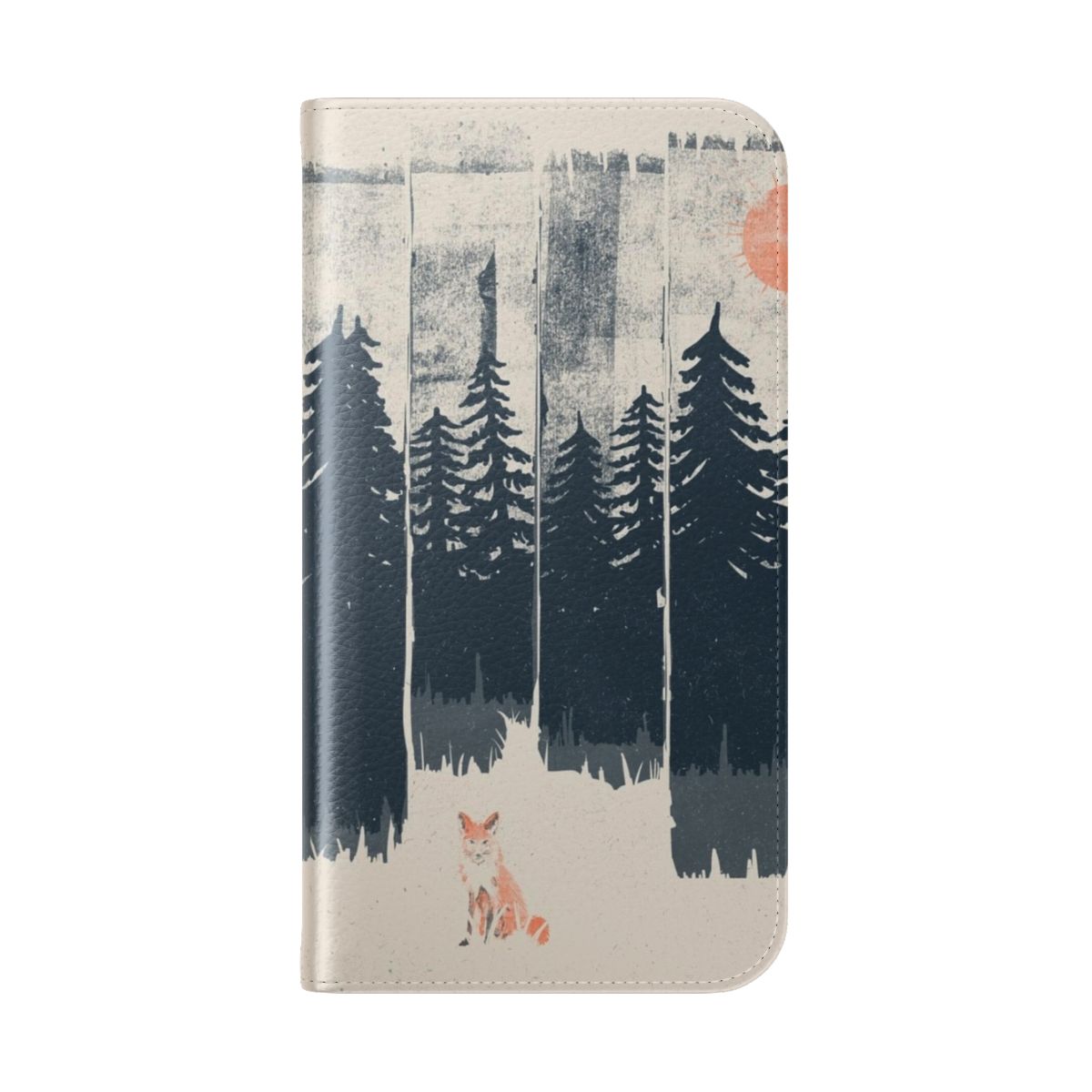 Close-up photo of a wild fox in a forest, with a phone case featuring the same design. - Folded Back