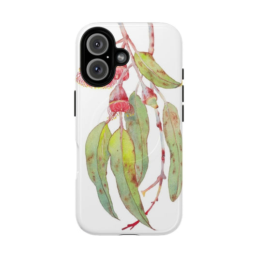 Watercolor illustration of silver princess eucalyptus flowers on a phone case