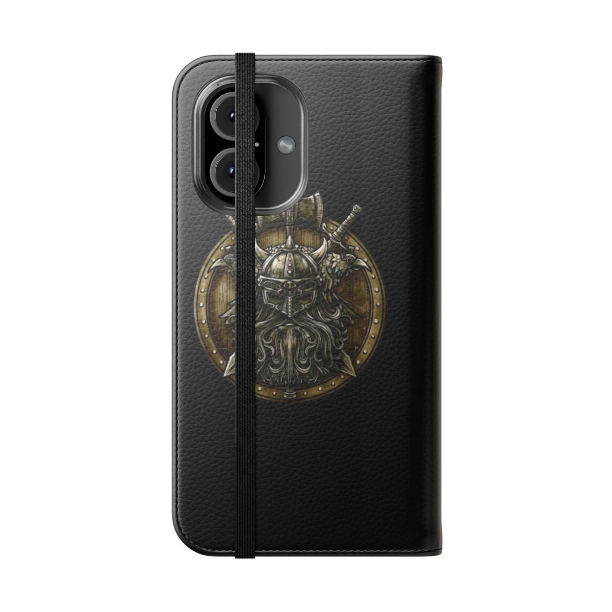 Viking shield-style flip phone case with Nordic and Norse design elements - Folded Front