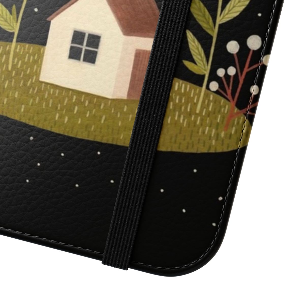 A phone case featuring a whimsical design of a tiny house surrounded by flowers and a starry night sky. - Close Up