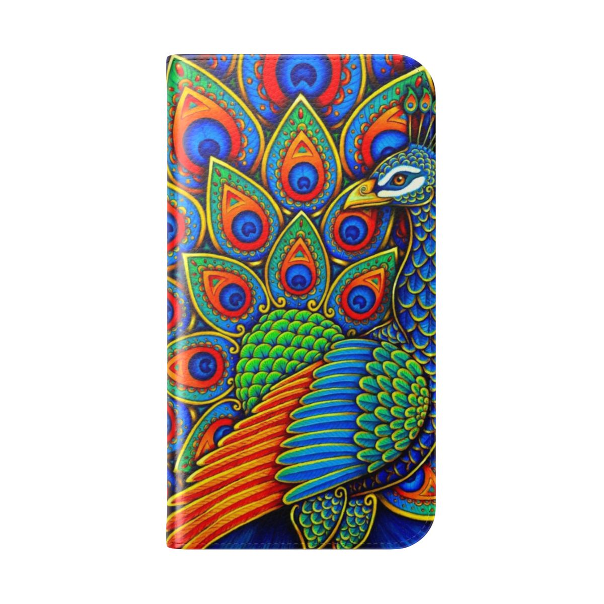 Colorful phone case with a stylized paisley peacock design in shades of blue, green, pink, and purple. - Folded Back