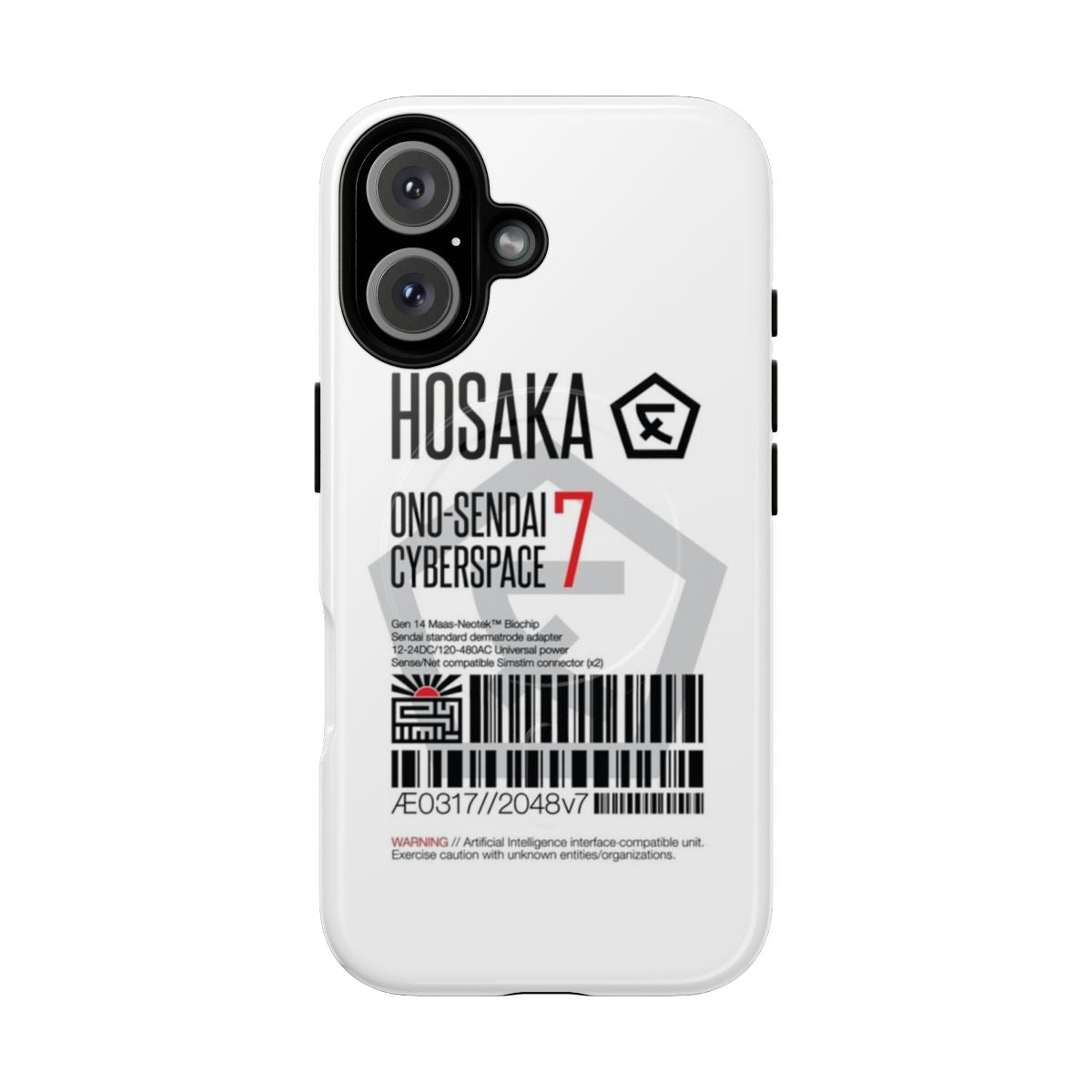 Sleek white cyberpunk phone case with Hosaka and Ono-Sendai inspired designs