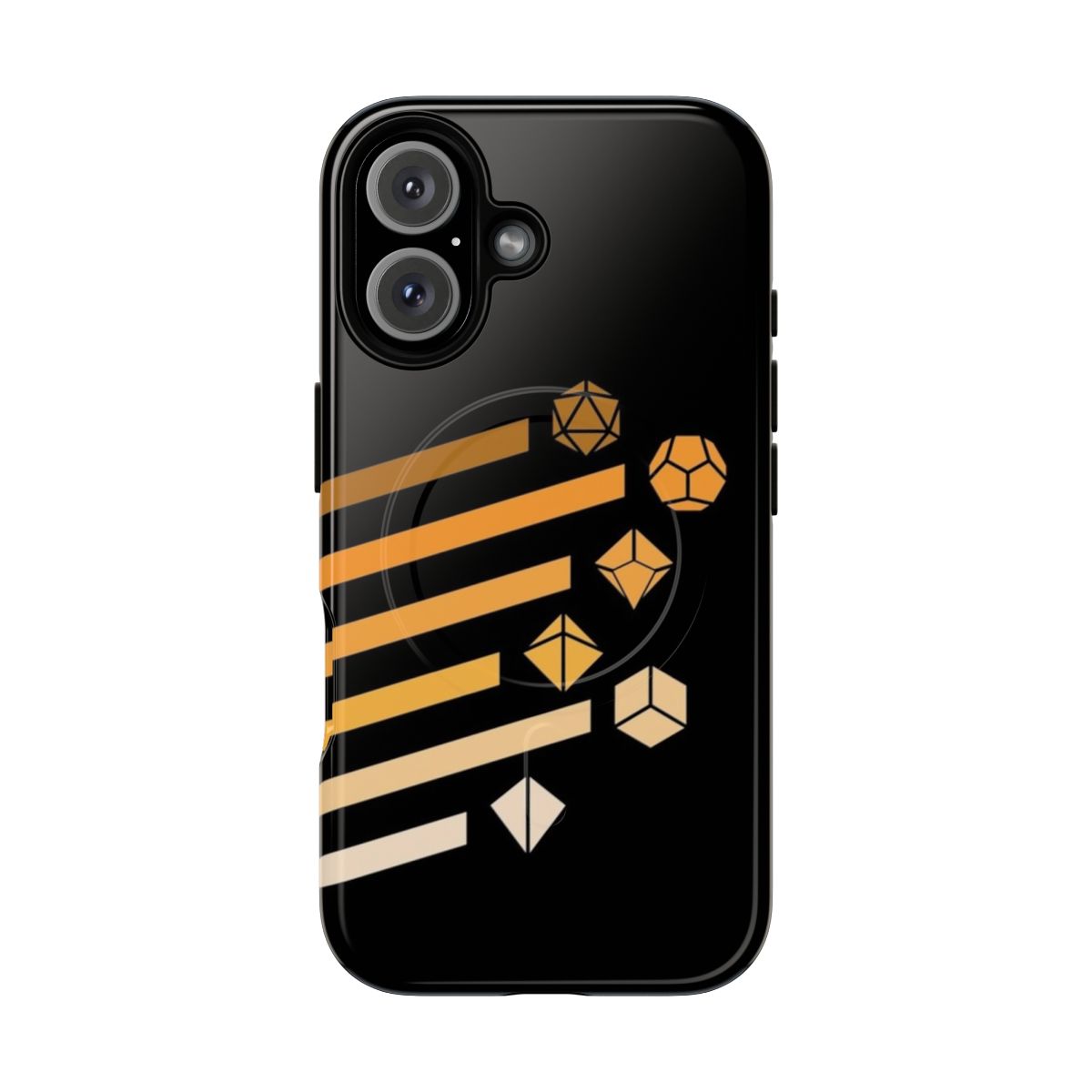 Vintage-inspired polyhedral dice set on a durable phone case for tabletop roleplaying enthusiasts