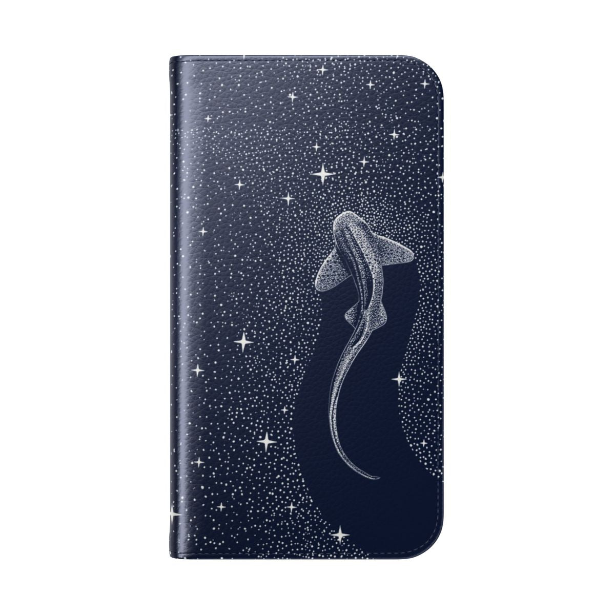 Vibrant flip cover phone case featuring a leopard shark swimming in a cosmic dreamscape - Folded Back