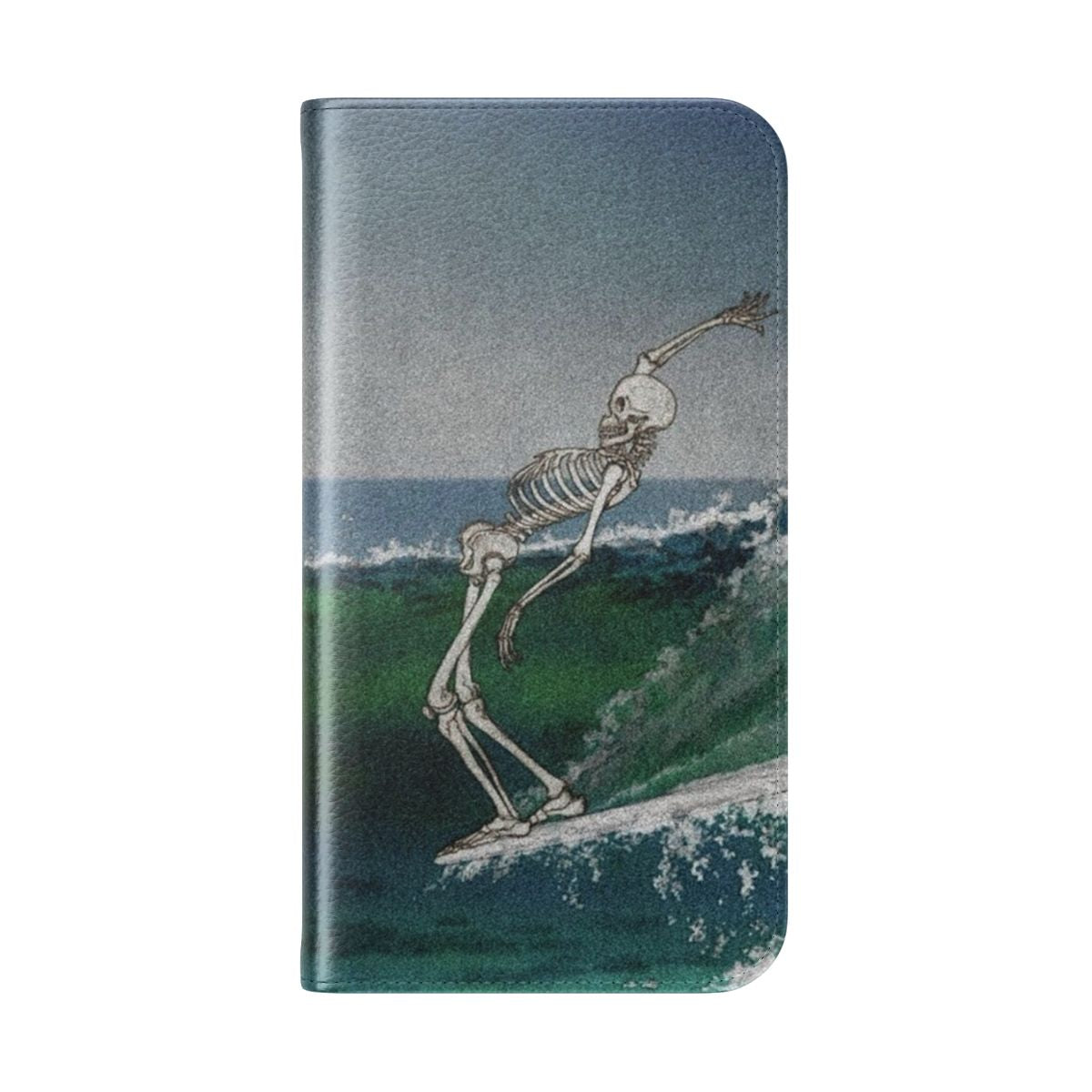 Vintage-inspired blue phone case with skeleton and wave design - Folded Back