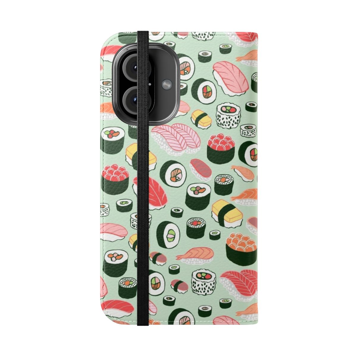 Colorful sushi-themed flip cover phone case with marine-inspired design - Folded Front