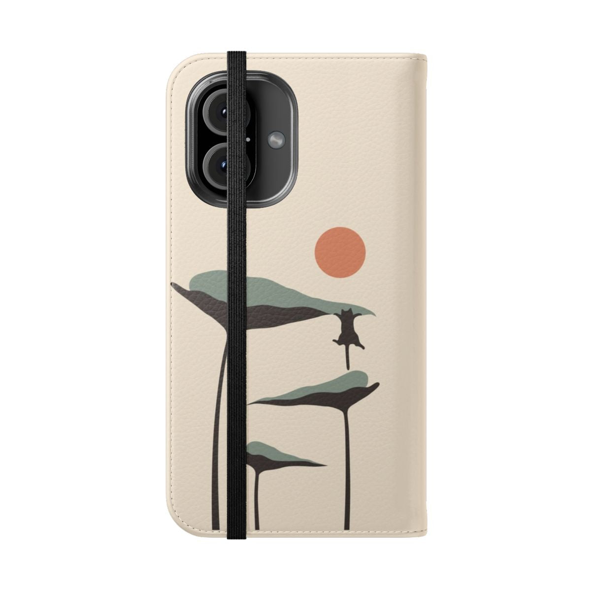 Flip cover phone case featuring an illustration of a black cat and plants against a tropical sunset landscape - Folded Front