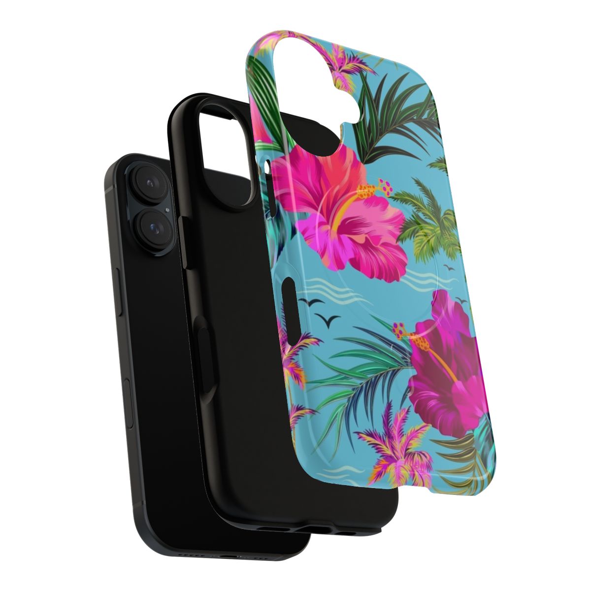 A stylish retro aloha pattern phone case featuring tropical flowers, palm trees, and surfer waves. - Layers