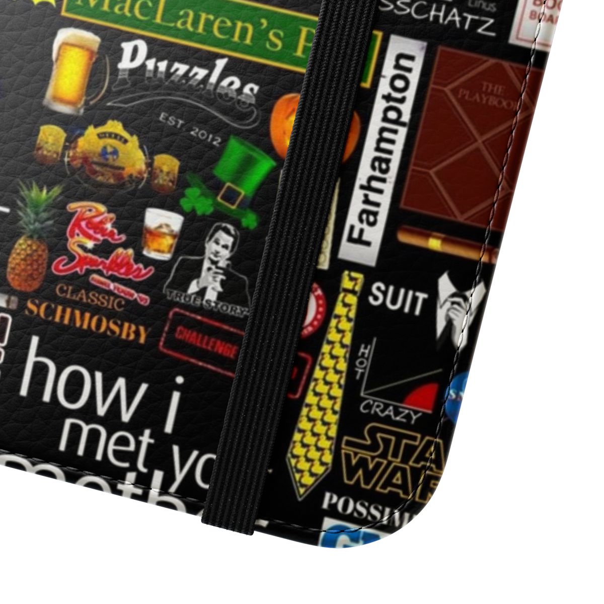 Themed collage phone case inspired by the TV series How I Met Your Mother, featuring iconic symbols and characters. - Close Up