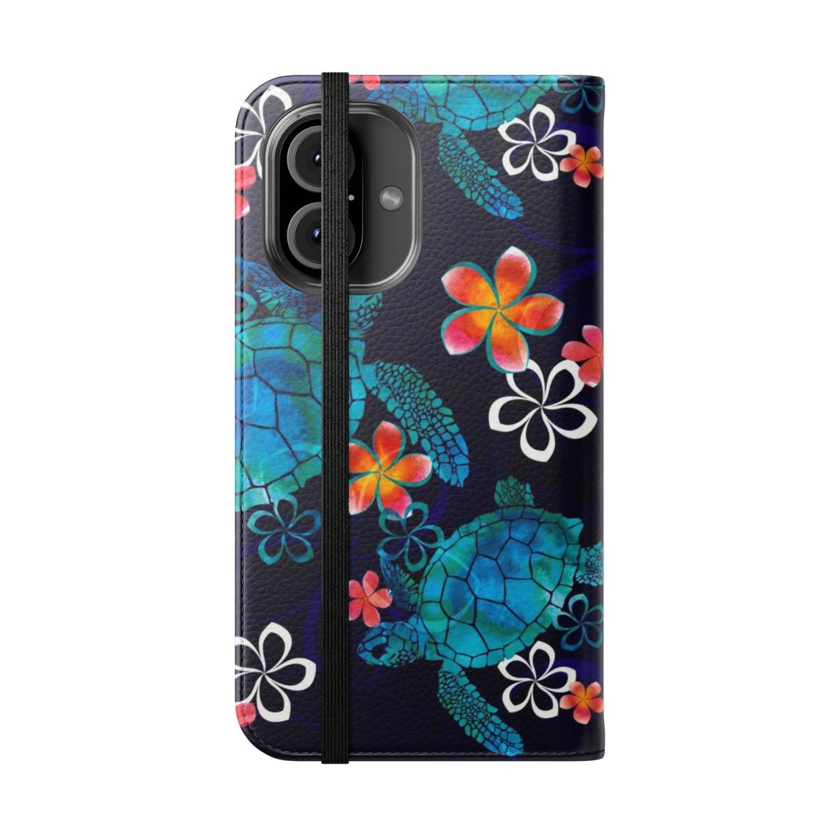 Vibrant watercolor illustration of a sea turtle surrounded by tropical flowers on a phone case - Folded Front