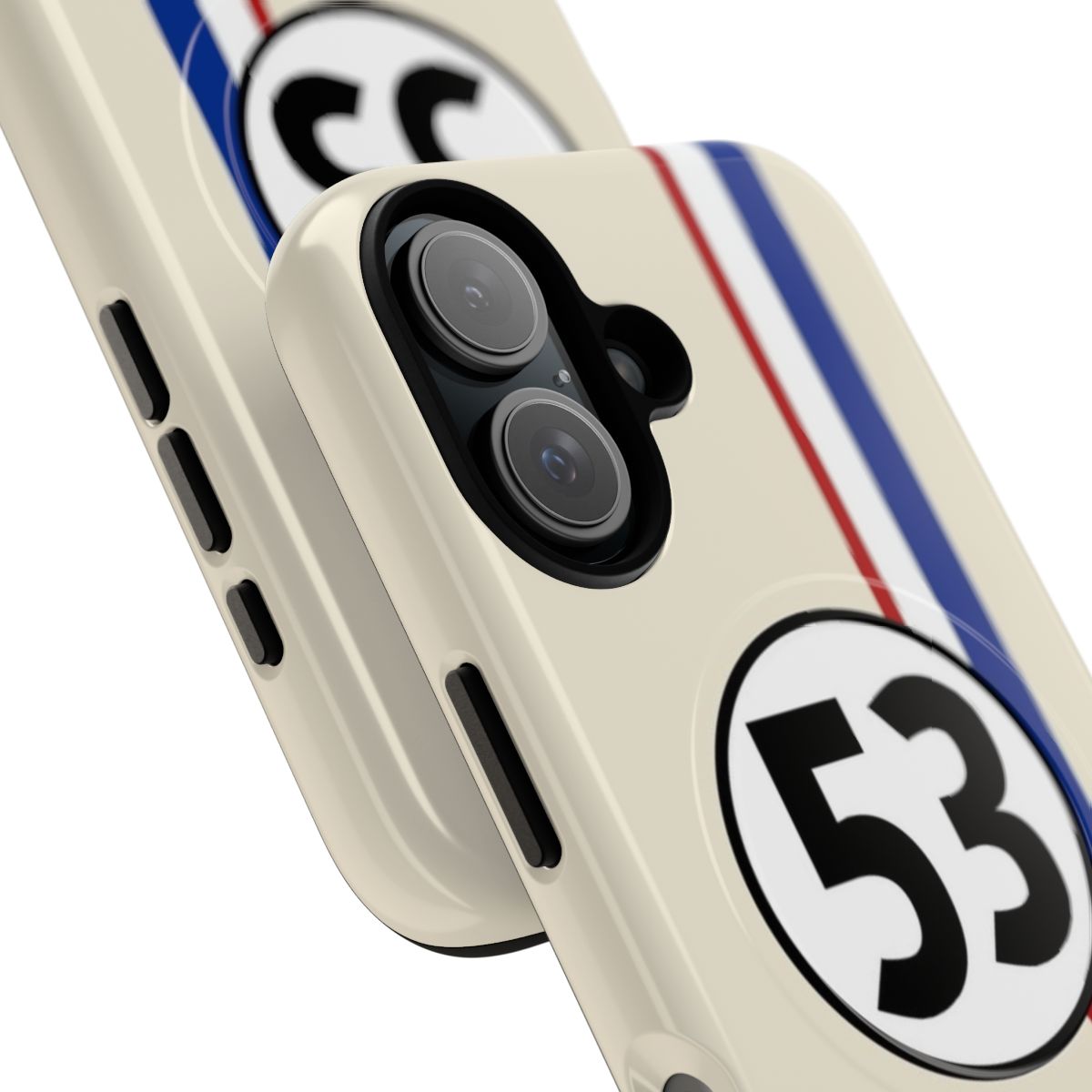 Magnetic tough phone case featuring a retro Volkswagen Beetle design with striped accents, inspired by the classic film car "Herbie". - Detail