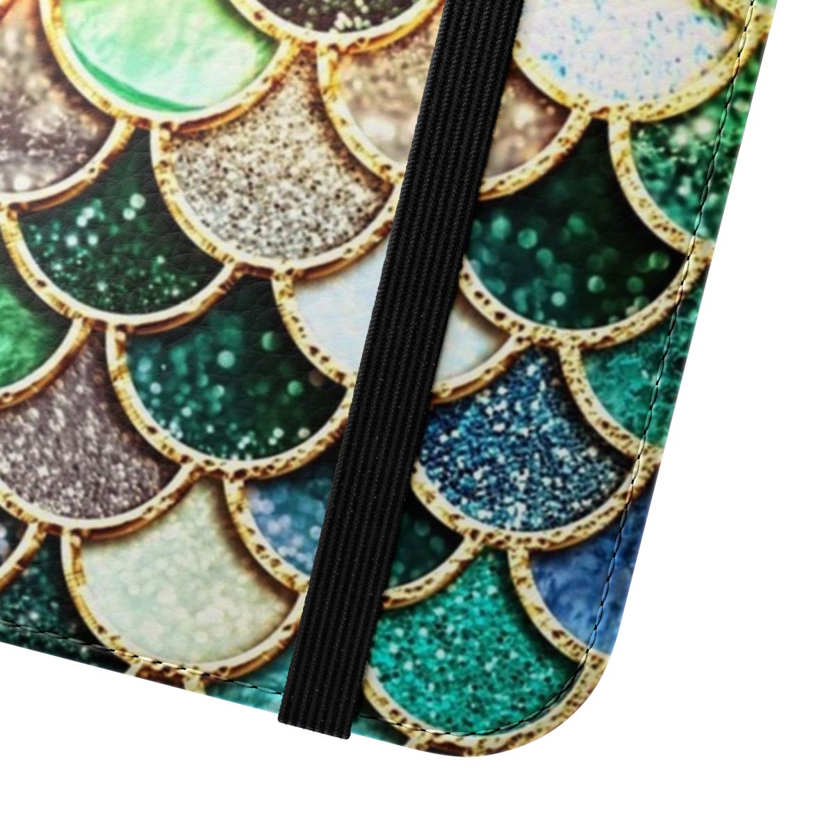 Sparkly mermaid scales phone case in gold, pink, and green colors - Close Up