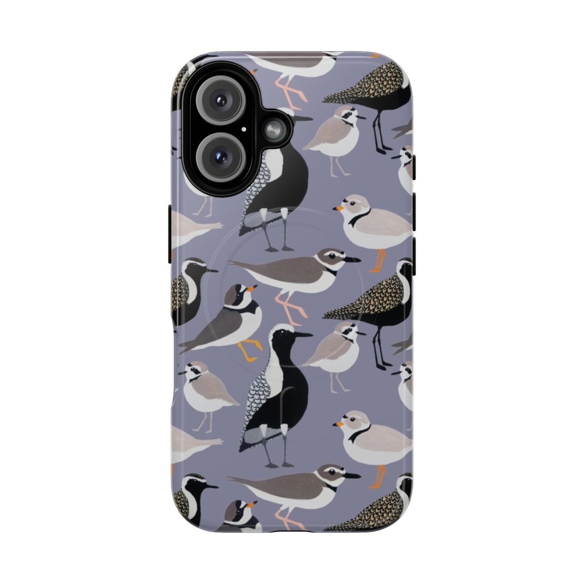 A vibrant phone case featuring various plover bird species in their natural habitats