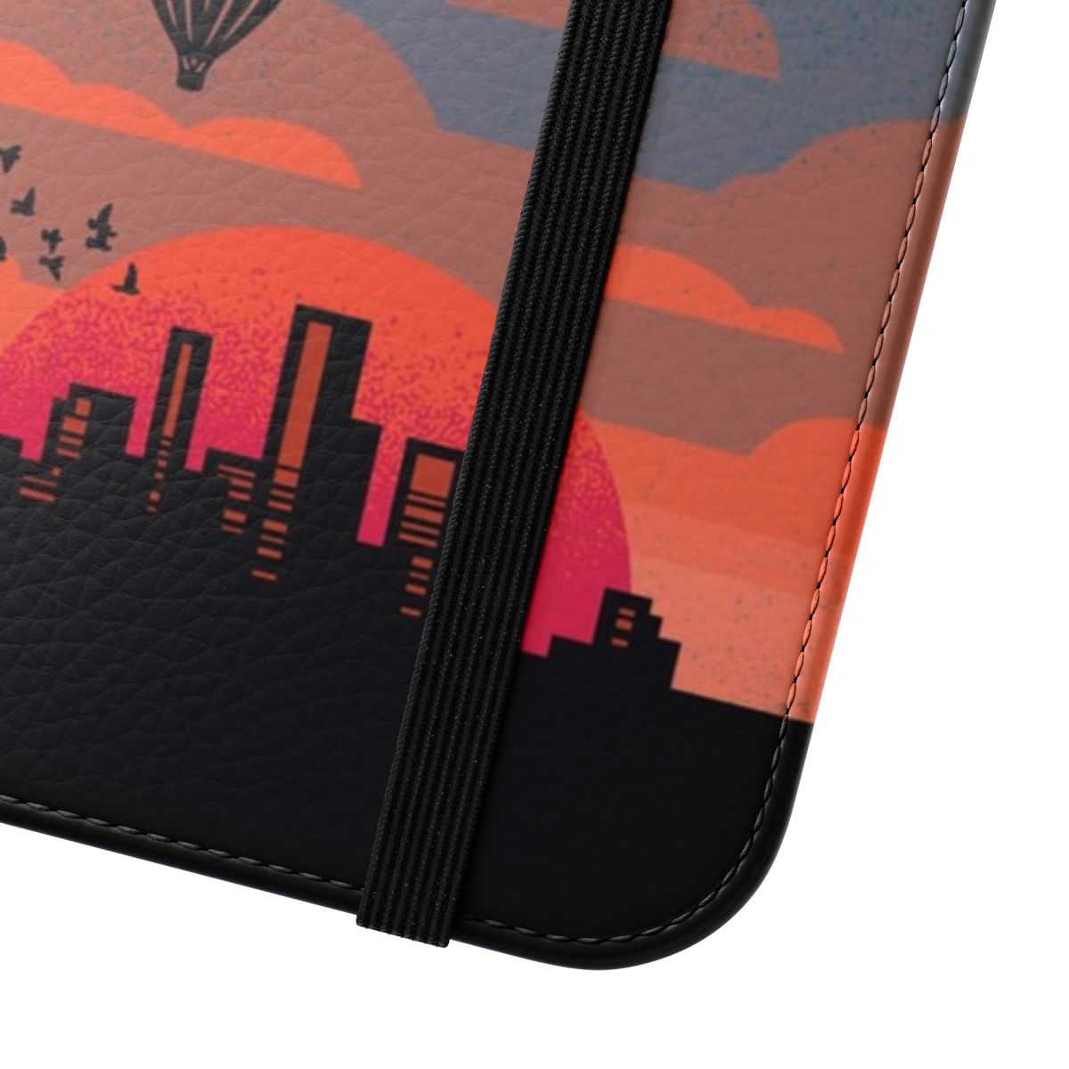 Colorful flip phone case with a sunrise to sunset landscape design - Close Up