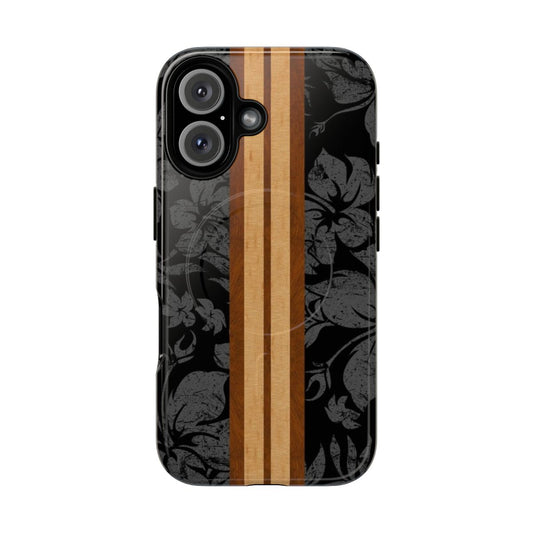 Black and gray faux koa wood surfboard-inspired magnetic tough phone case