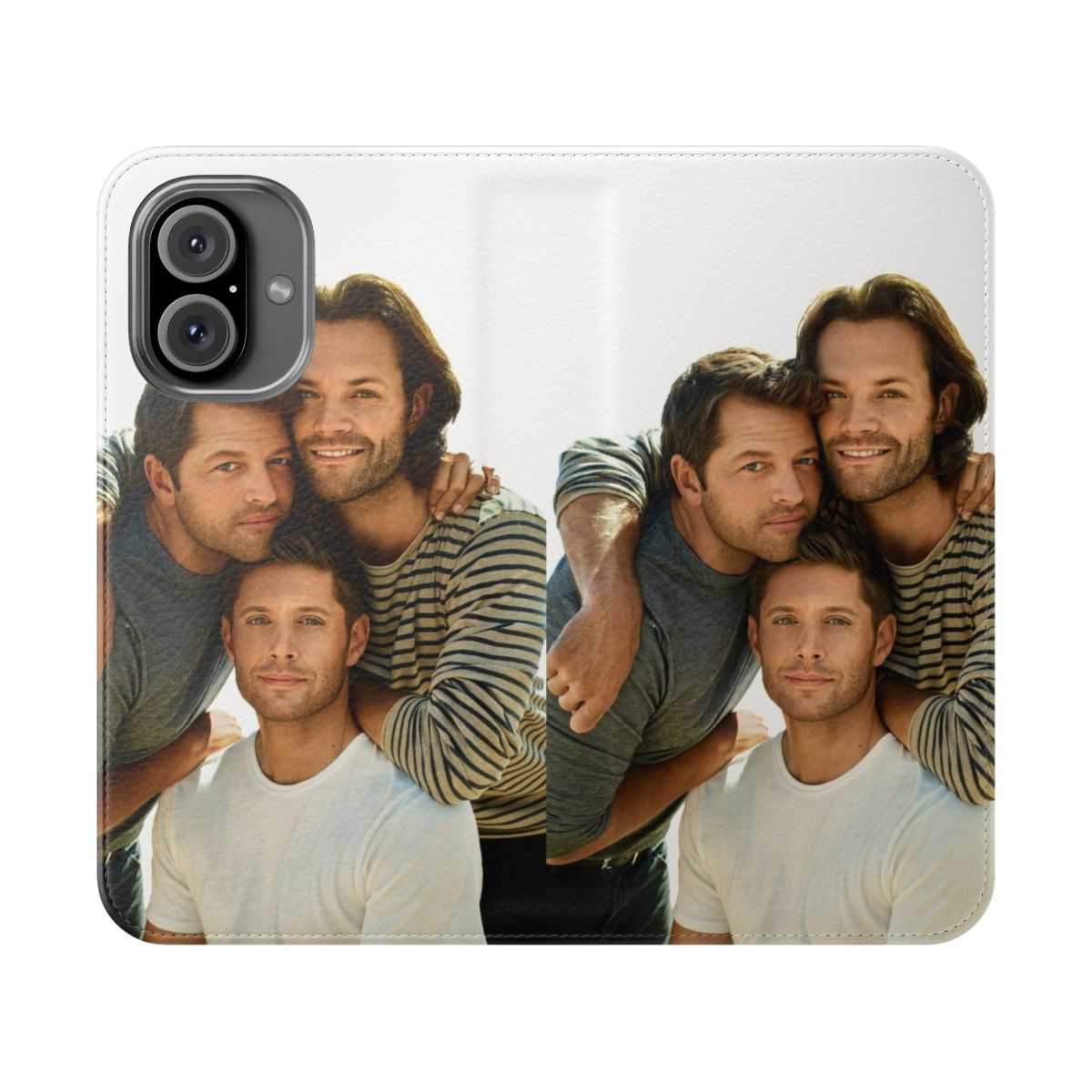 Supernatural-themed flip cover phone case featuring Jared Padalecki, Jensen Ackles, and Misha Collins