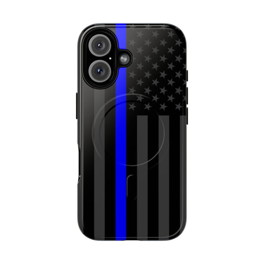 A phone case featuring the symbolic thin blue line on an American flag design, honoring police and law enforcement.