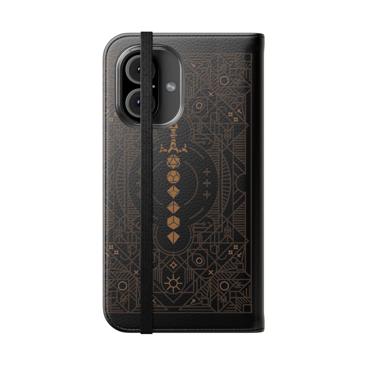 Polyhedral dice and vintage sword inspired minimalist flip phone case - Folded Front