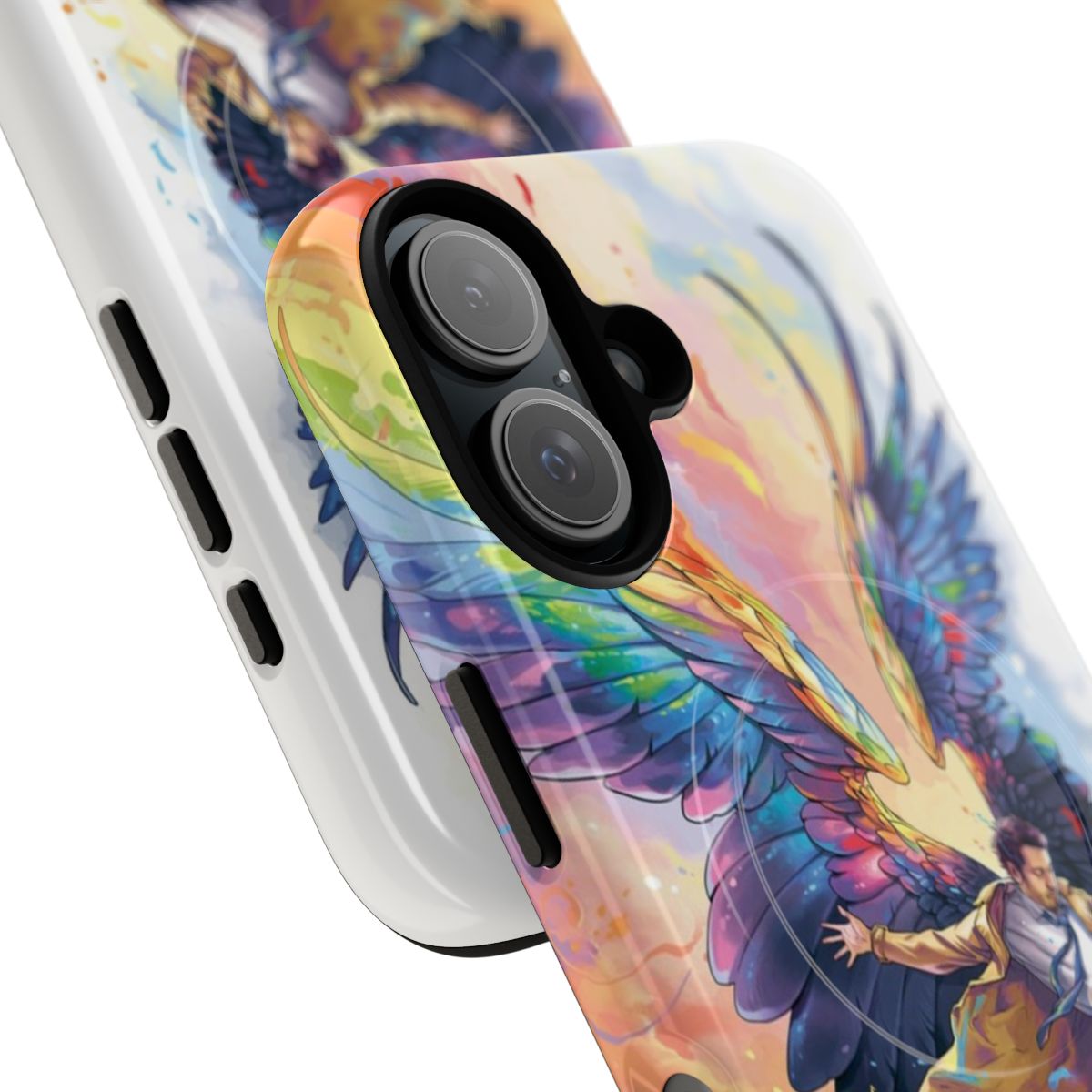 Vibrant rainbow phone case with angelic design for Supernatural enthusiasts - Detail