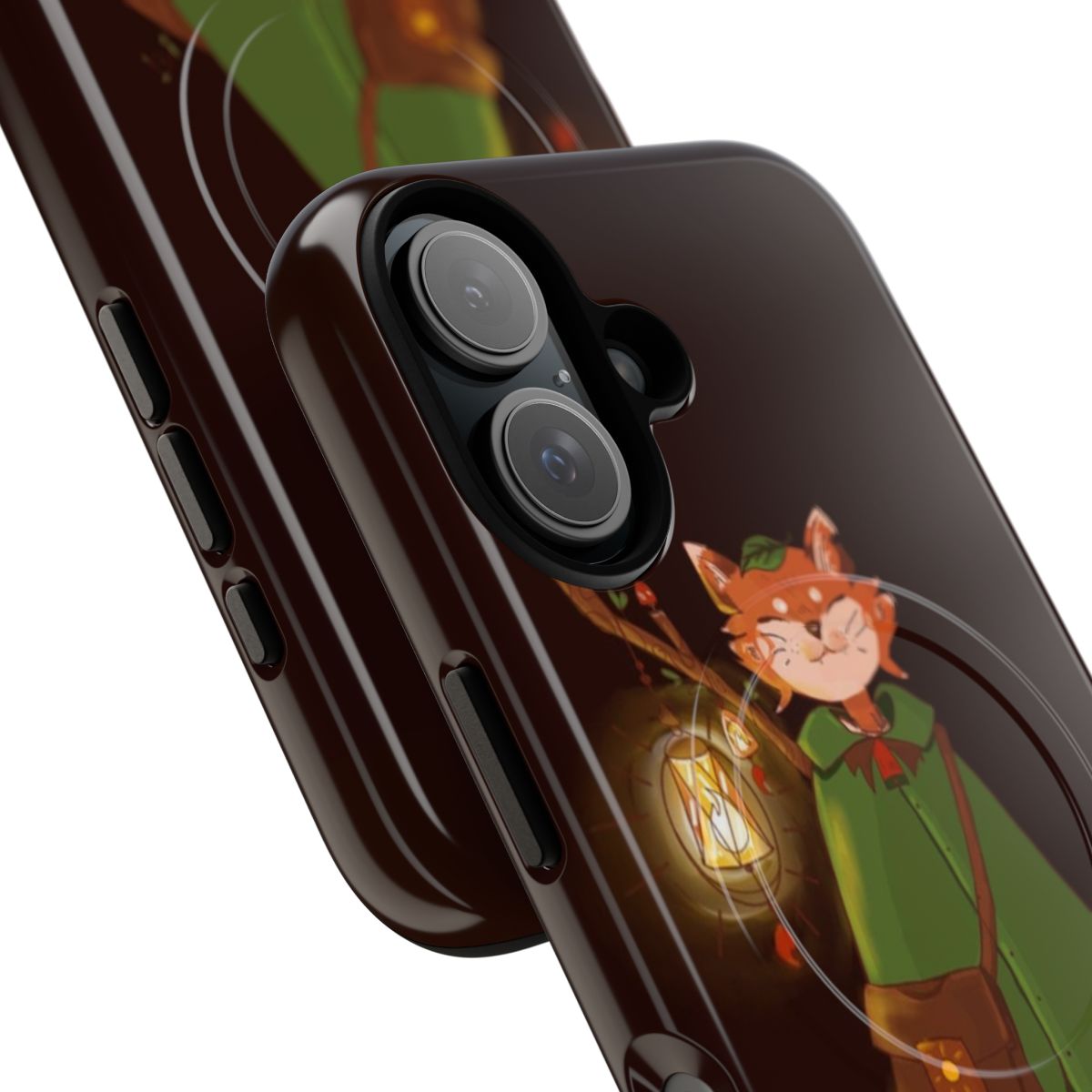 A digital illustration of an adventurous red fox character in a woodland setting, featured on a magnetic phone case. - Detail