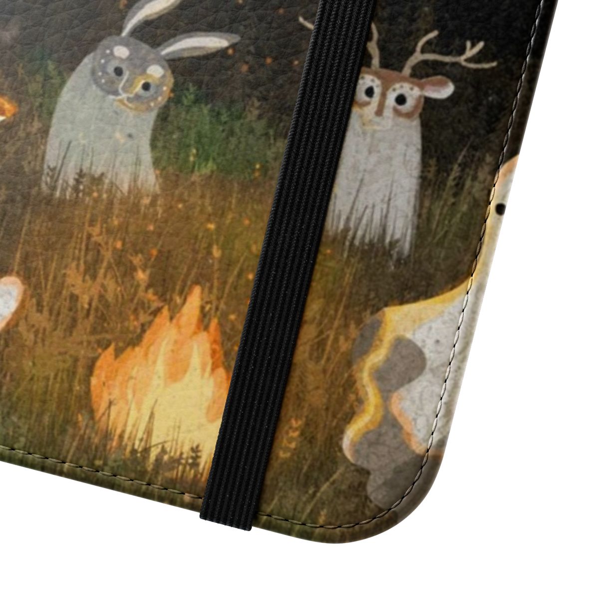 Flip cover phone case with a masquerade-inspired, spooky nature design - Close Up