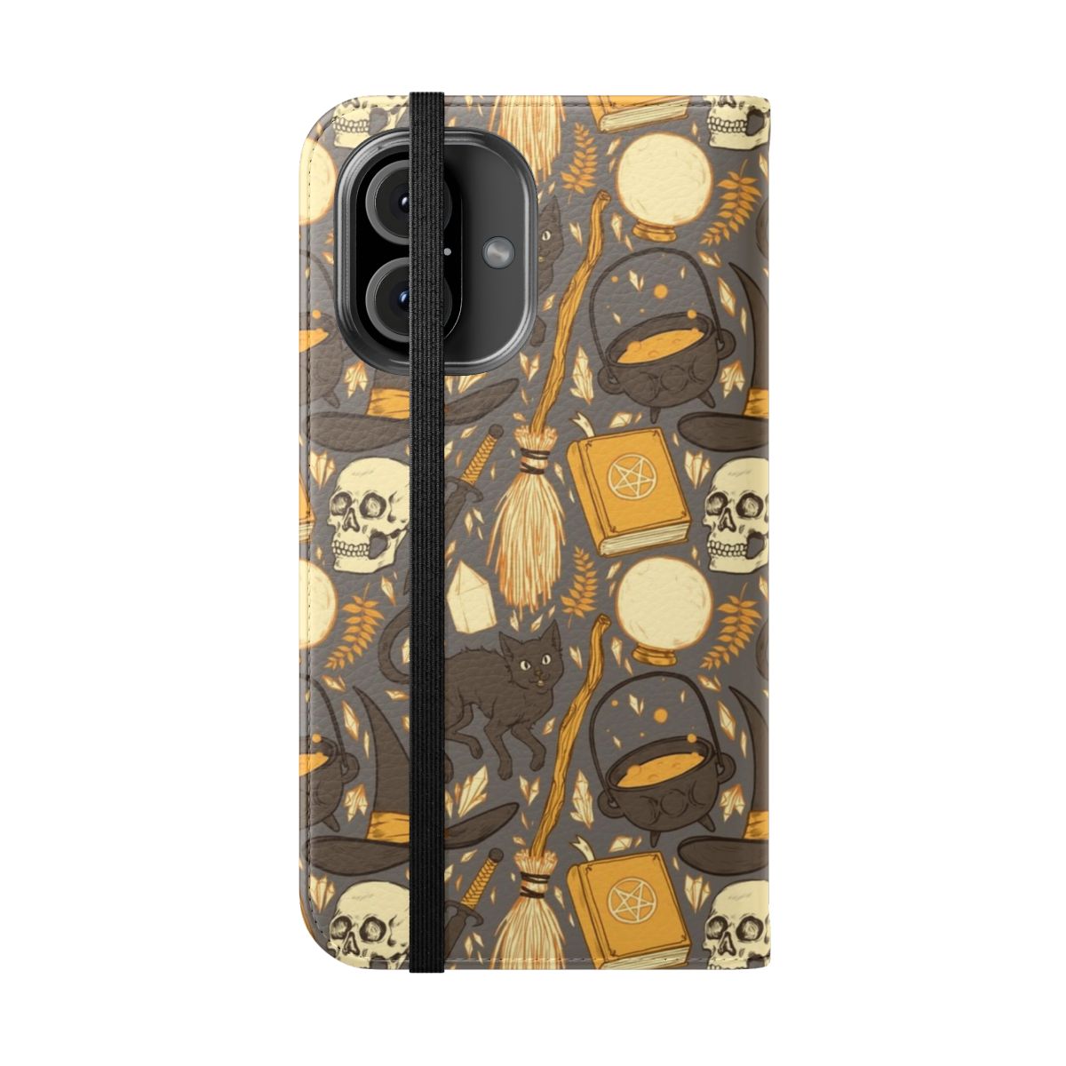 Warm grey flip cover phone case with a witchy, spooky pattern and design - Folded Front