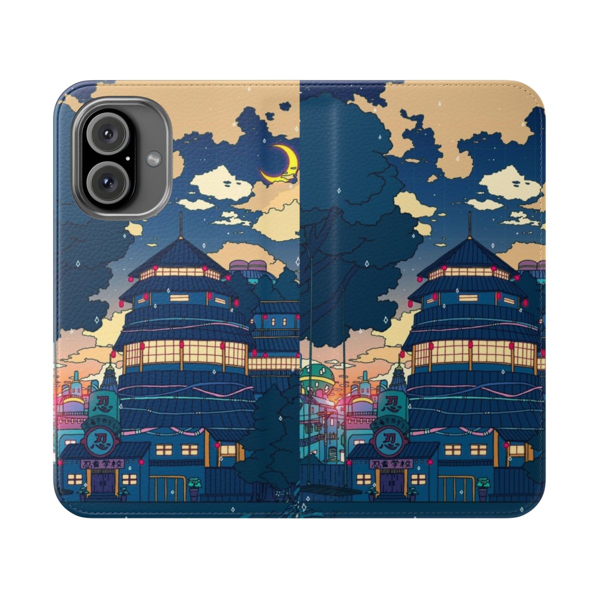 Anime-inspired flip phone case with a surreal, aesthetic design featuring a sad moon and Japanese elements