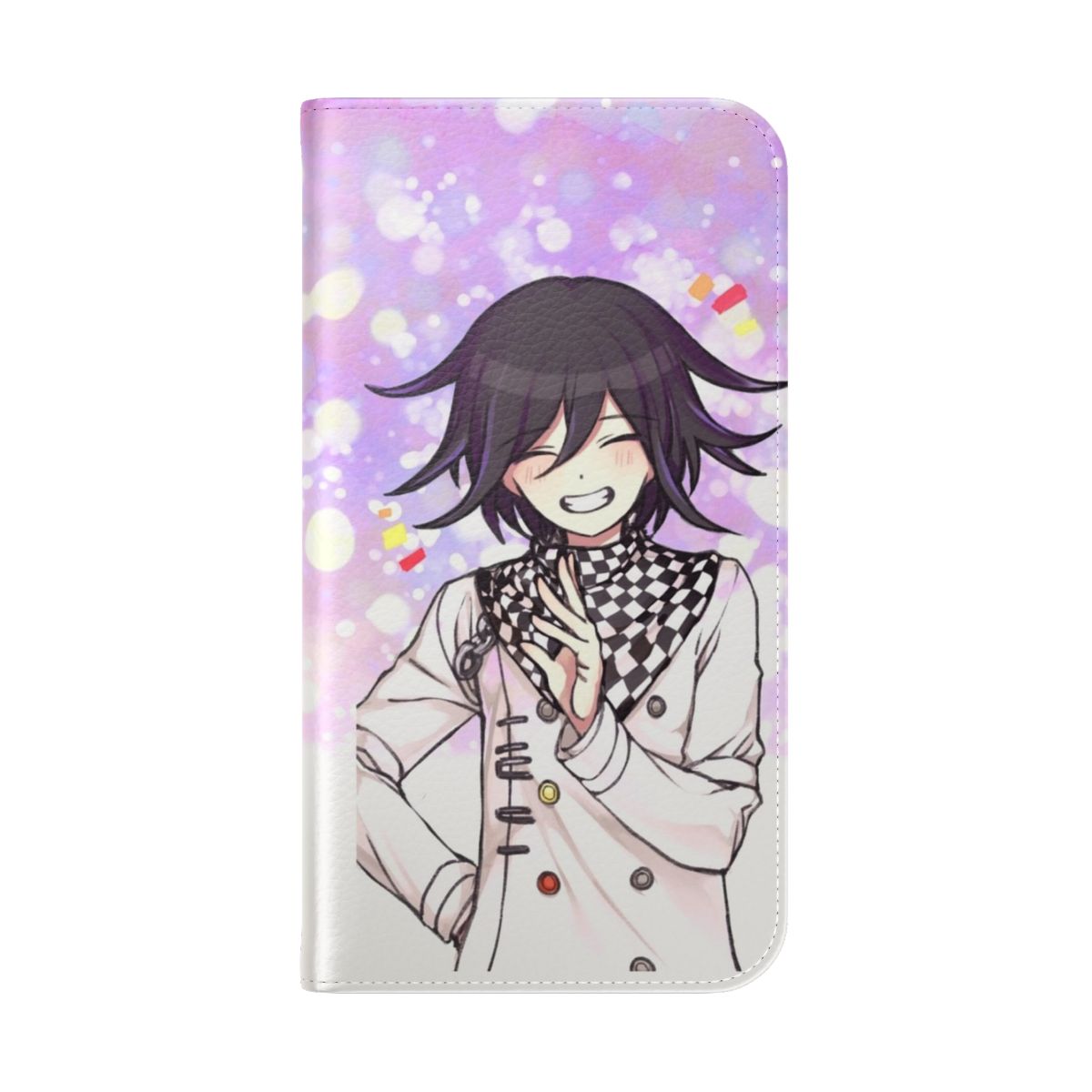 Kokichi Ouma inspired flip cover phone case with a custom background design. - Folded Back