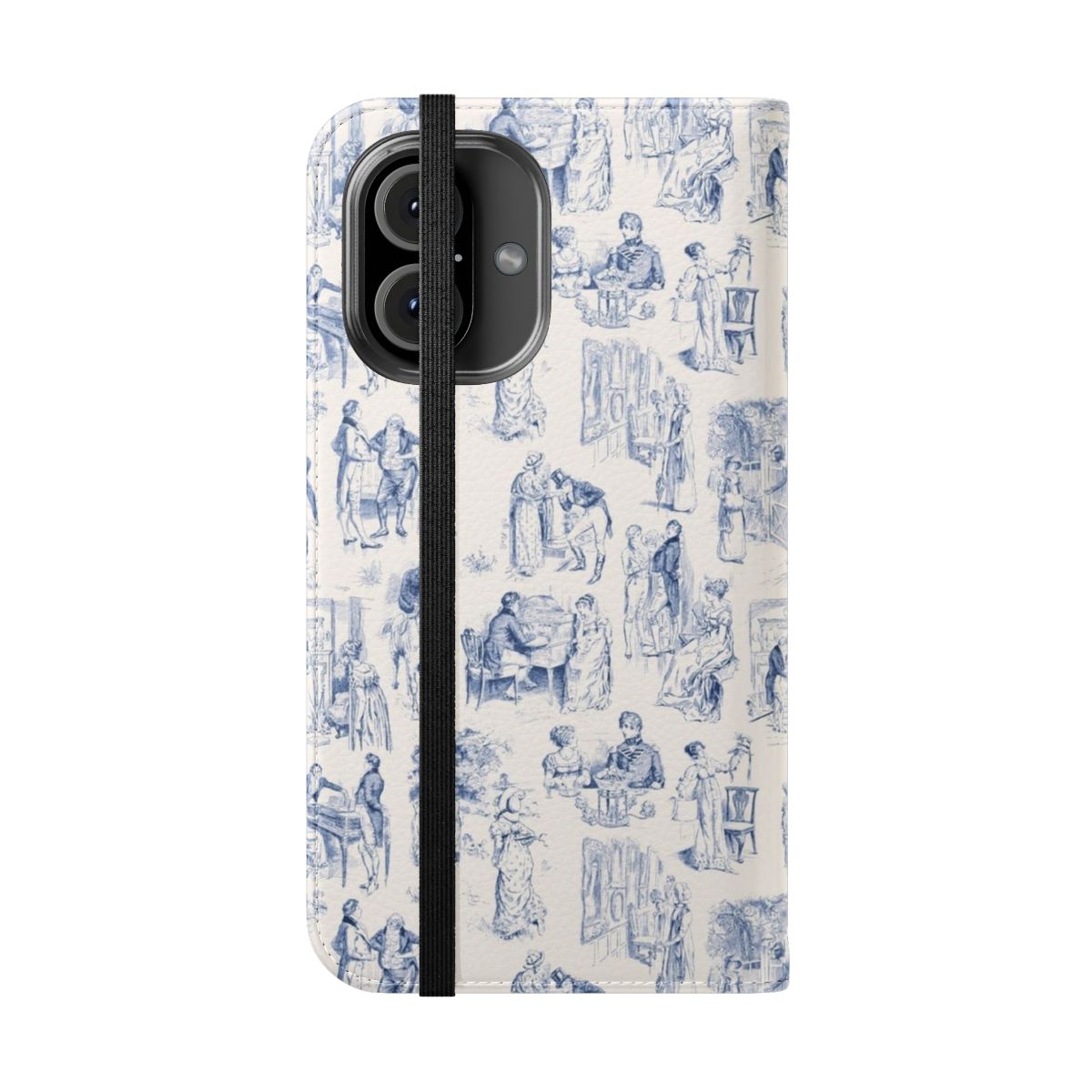 A vintage-style phone case featuring the iconic De Jouy pattern, inspired by the beloved novel "Pride and Prejudice" by Jane Austen. - Folded Front