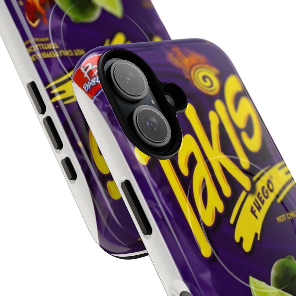 Vibrant yellow and purple phone case with Takis-inspired snack design - Detail