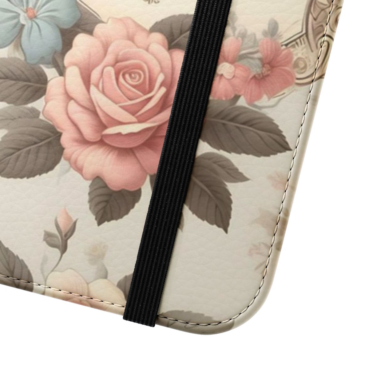 Pastel Bridgerton-inspired flip cover phone case featuring whimsical floral and satin bow design - Close Up