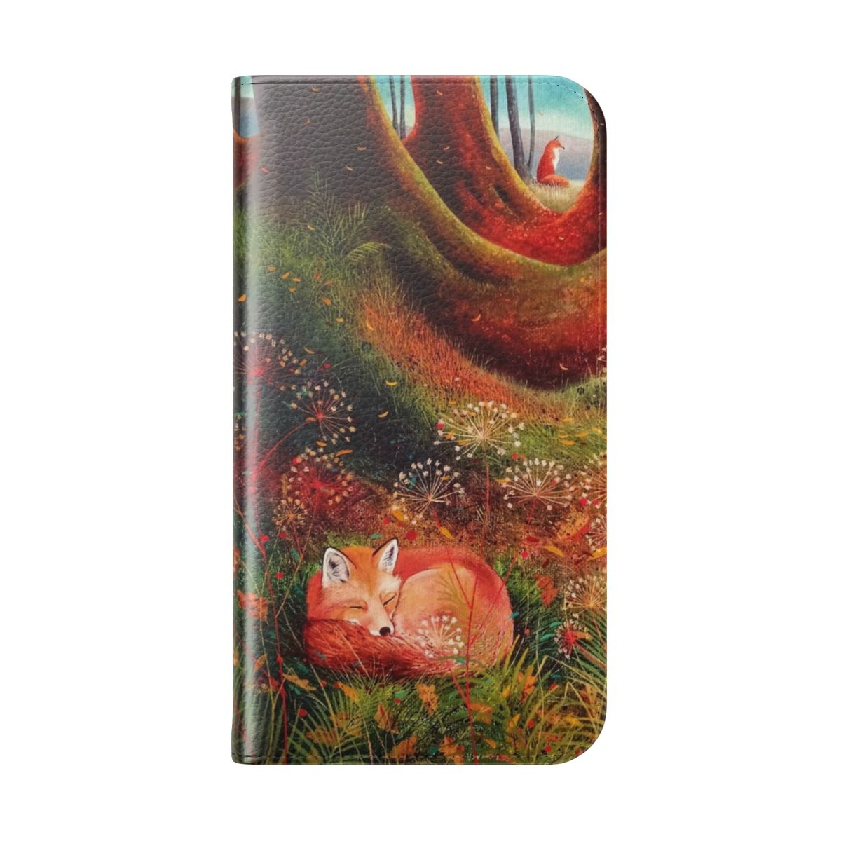 A vibrant, close-up photograph of a sleeping red fox in a natural woodland setting, perfect for a phone case. - Folded Back