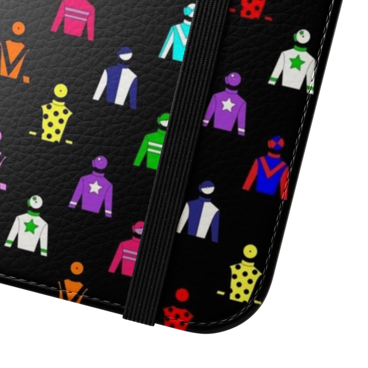 Colorful horse racing jockey silks pattern on a flip phone case - Close Up