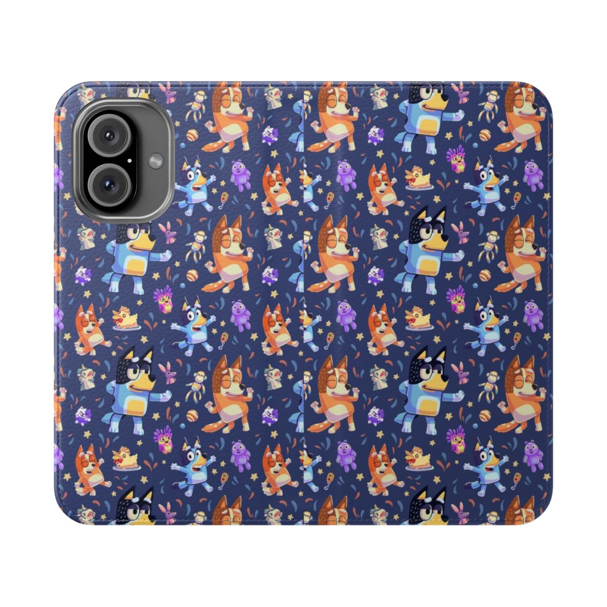 Vibrant blue, red, and white dog-themed flip cover phone case with seamless Bluey pattern