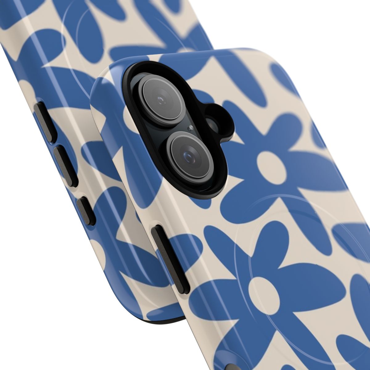 Vibrant blue floral pattern on a retro-styled phone case - Detail