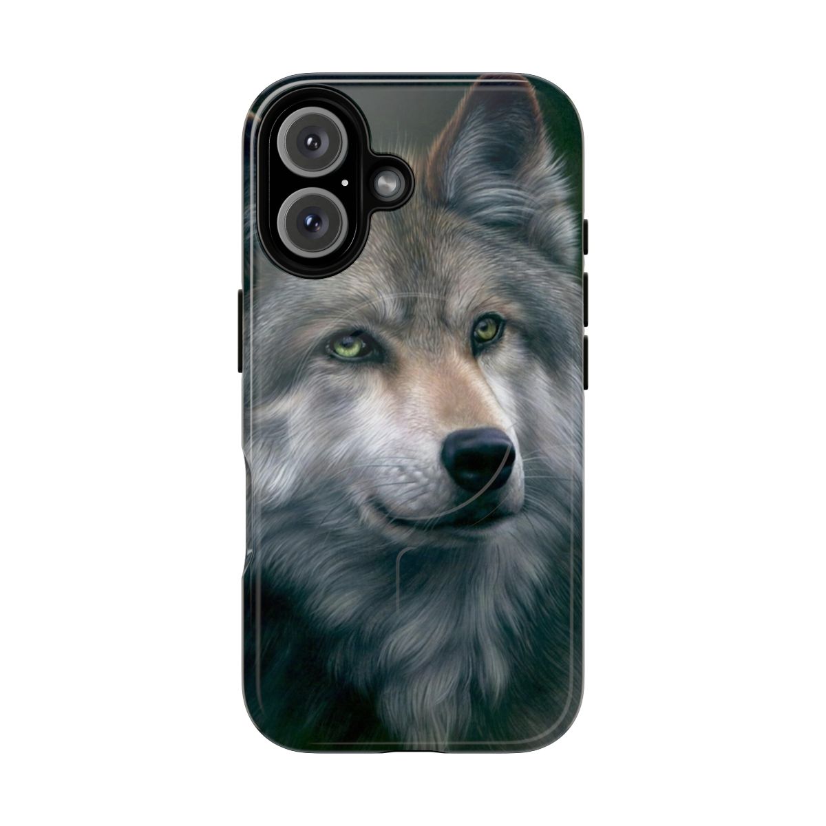 Closeup photo of a gray wolf design on a tough, magnetic phone case