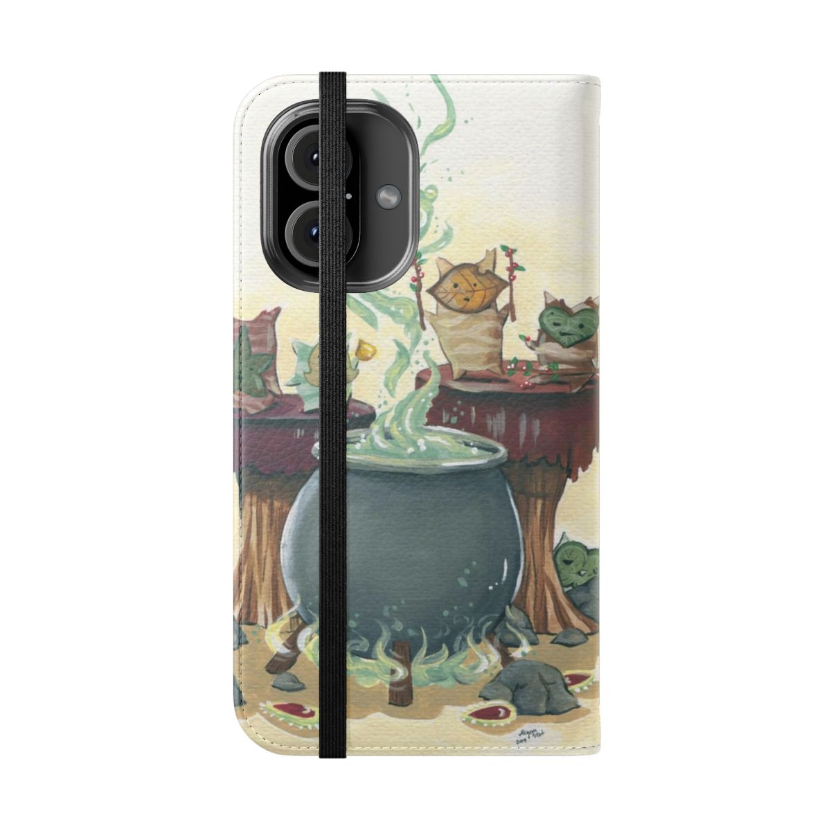 Korok leaf-themed flip cover phone case with nature-inspired fantasy design - Folded Front