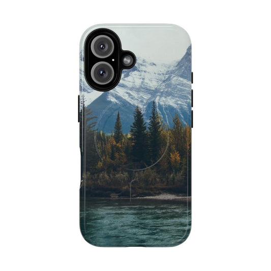 Vibrant mountain river landscape phone case with snowy peaks