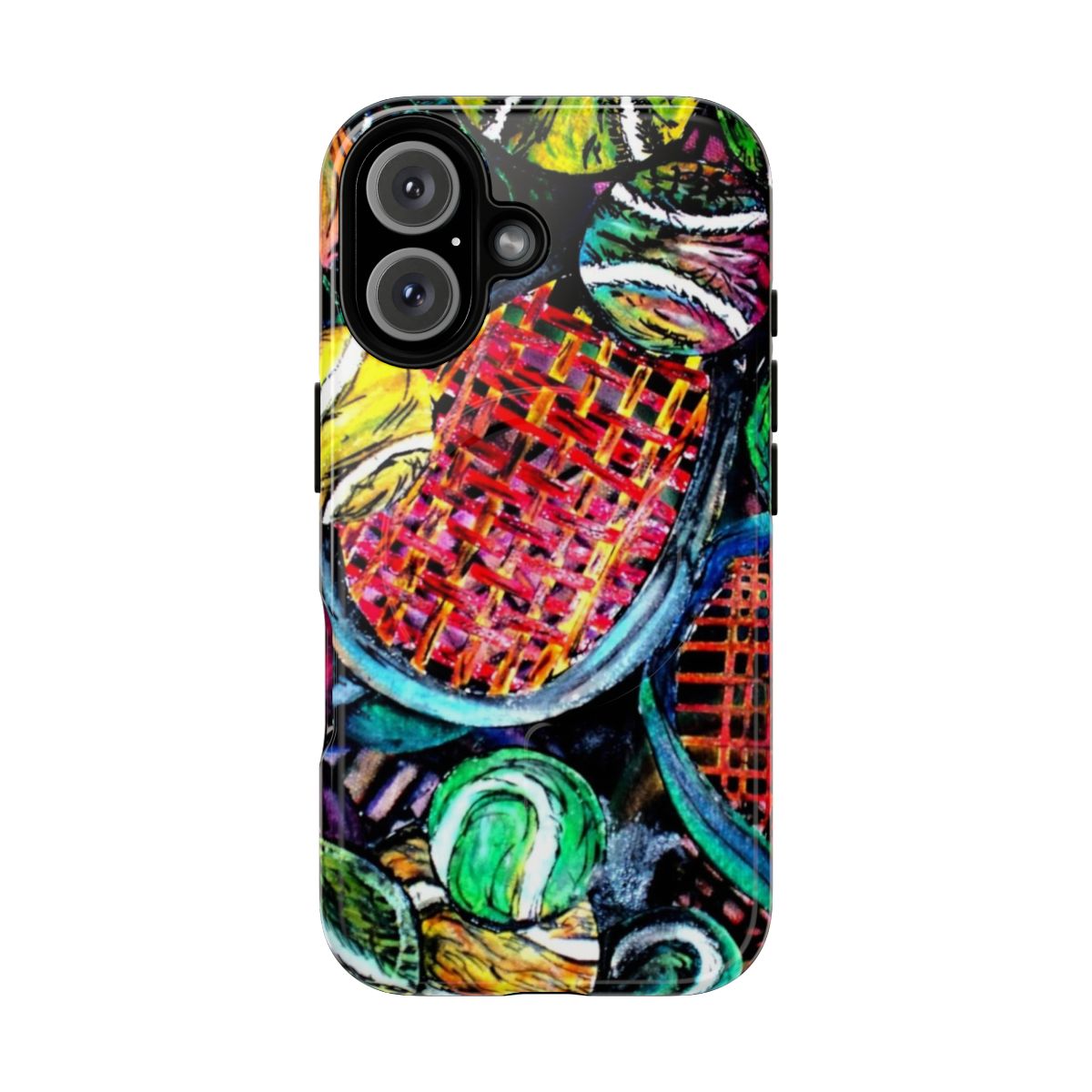 Vibrant and abstract tennis art design on a protective phone case