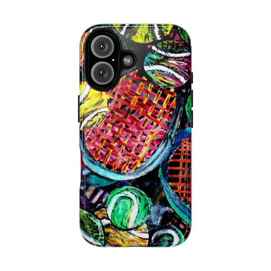 Vibrant and abstract tennis art design on a protective phone case