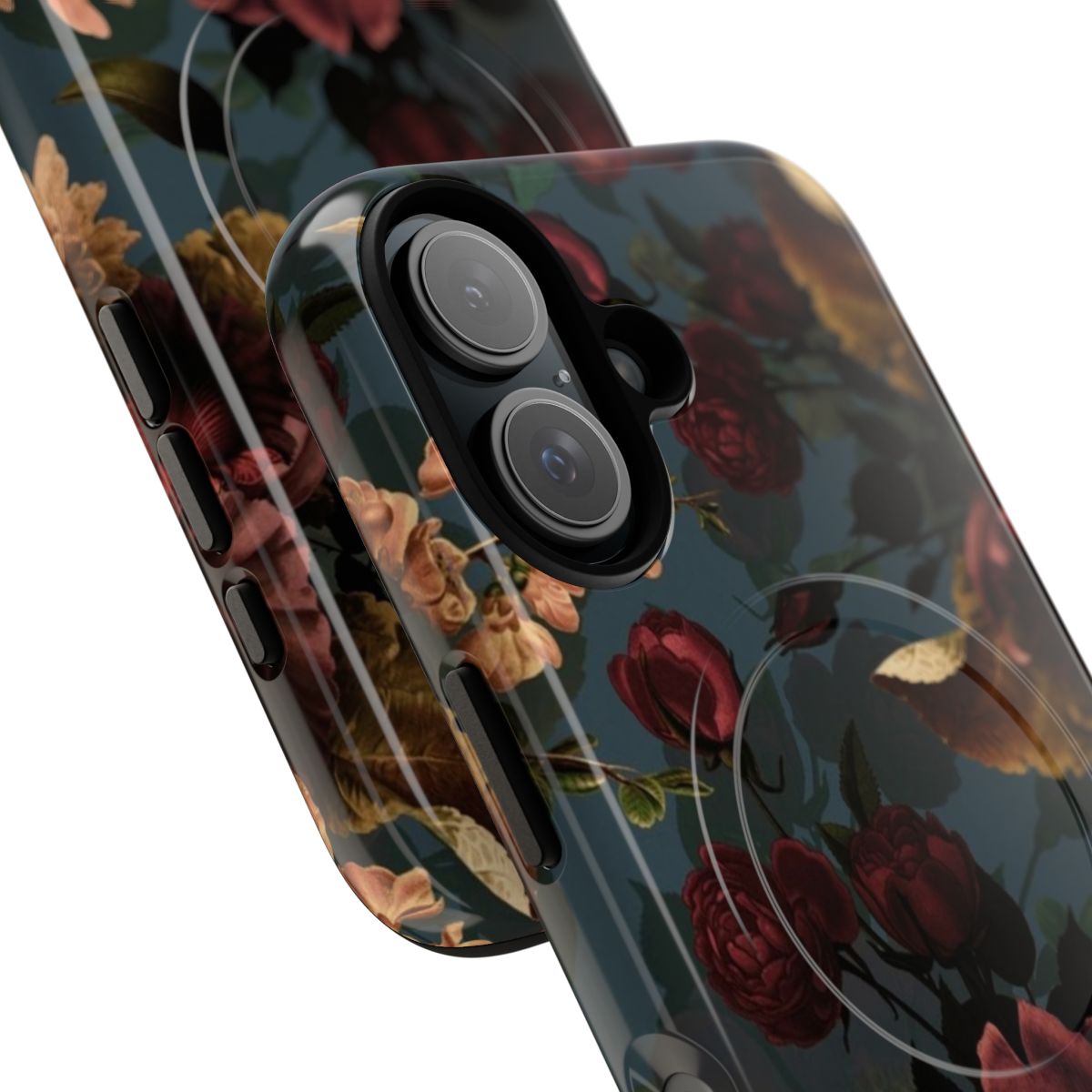 Magnetic tough phone case with a moody, mystical floral botanical pattern in dark colors. - Detail