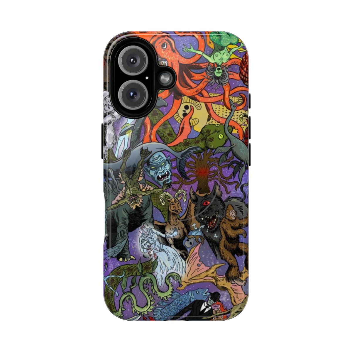 A unique and eye-catching magnetic phone case featuring illustrations of cryptid creatures and mysterious monsters.