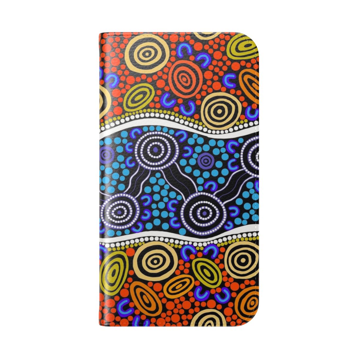 Vibrant phone case featuring authentic aboriginal-inspired dot art design with kangaroos and emus in blue and ochre colors. - Folded Back