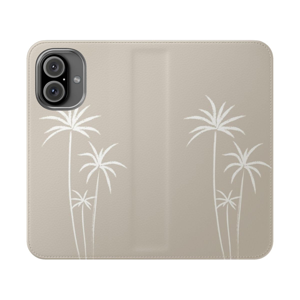 A boho-inspired phone case featuring a sketch design of three palm trees against a white and beige background.